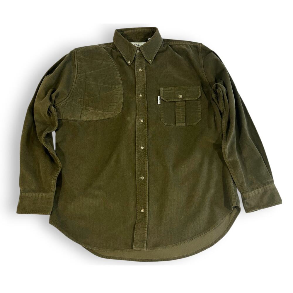 McAlister Mens L Hunting Shooting Shirt Corduroy Olive Padded Shoulder Vintage
